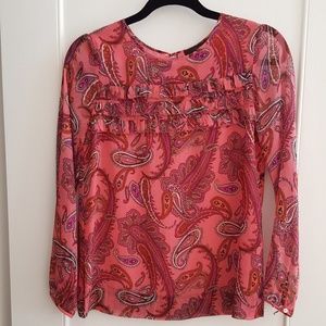J Crew Ruffle Front Paisley Chiffon Top